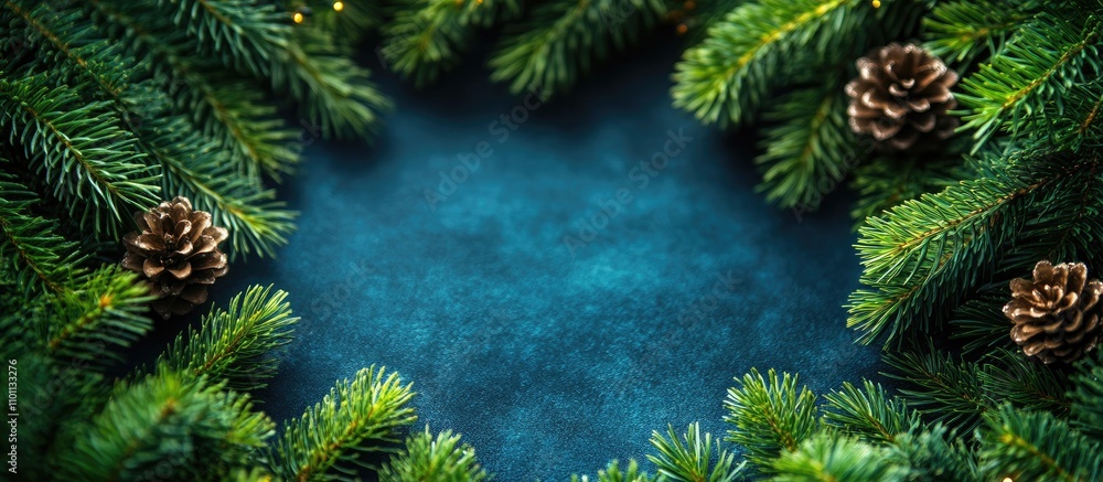 Poster christmas backdrop with decorative fir branches and pine cones on a textured blue background for fes