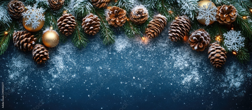 Aufkleber festive christmas flatlay with snowflakes tree branches and cones decorated with ornaments on dark b