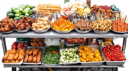 A vibrant street food cart displays a colorful array of grilled meats, fried snacks, fresh vegetables, and sauces. Generative ai