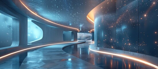Fototapeta premium Futuristic sci fi interior design with a curved minimalist architecture and glowing lights in a vast starry universe This digital creates a sense of and discovery in a futuristic