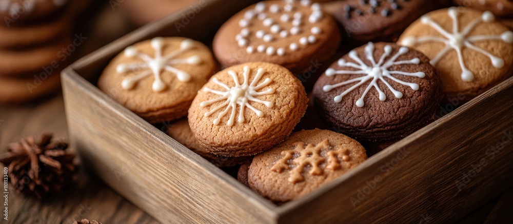 Poster gingerbread cookie assortment in a rustic wooden box displayed on a wooden surface perfect for winte