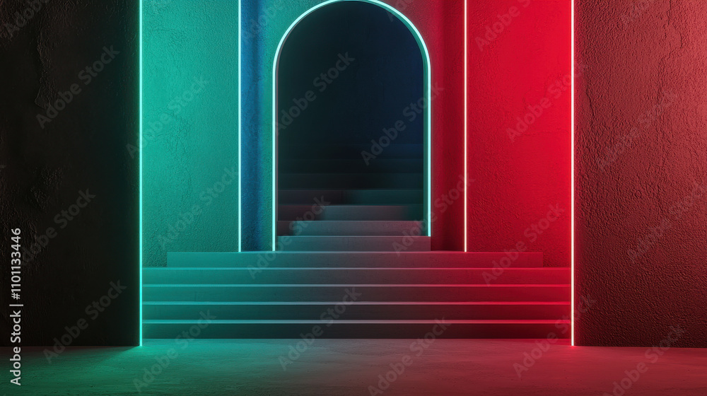 Poster abstract staircase with neon lights in red and green hues, creating vibrant and modern atmosphere. i