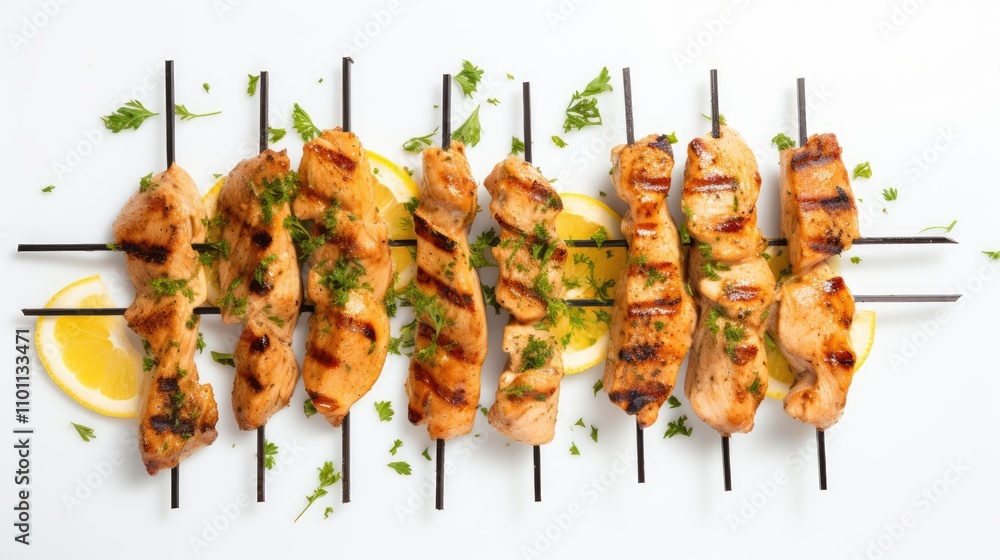 Poster Grilled chicken skewers garnished with parsley and lemon slices presented on a white background viewed from above