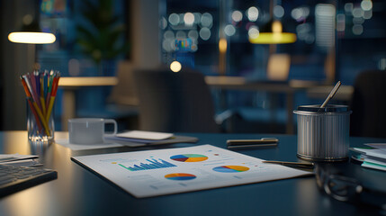 Naklejka premium modern workspace featuring charts and graphs on desk, illuminated by soft lighting, creating productive atmosphere