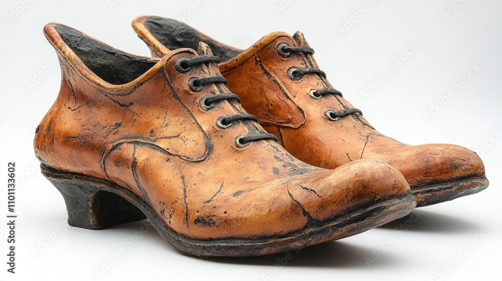 Poster aged ceramic shoes with intricate crackle finish isolated on white background showcasing unique vint