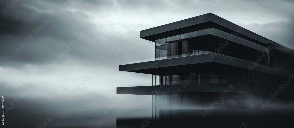 Poster modern minimalist architecture featuring a sleek black building against a moody grey background, emp