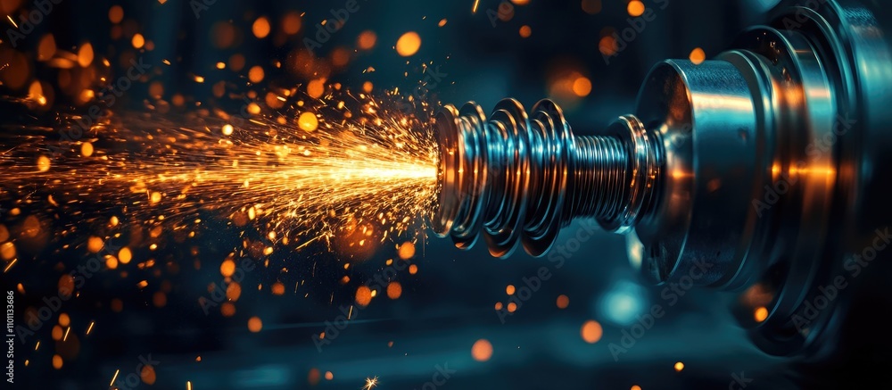 Poster close-up of lathe machine processing metal with sparks flying, showcasing precision engineering and 