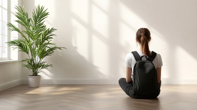 Young woman with backpack sits on floor in sunlit room, facing away from camera.
