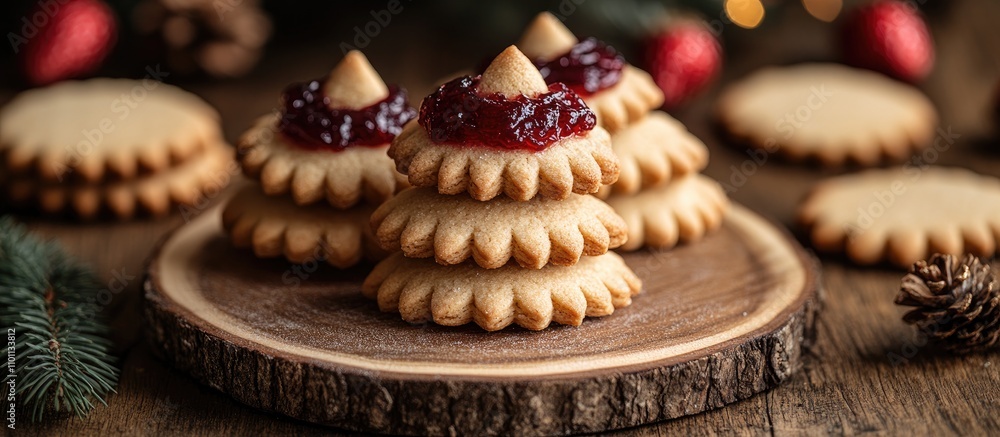 Aufkleber homemade christmas cookies shaped like trees with strawberry jam on a rustic wooden surface with fes