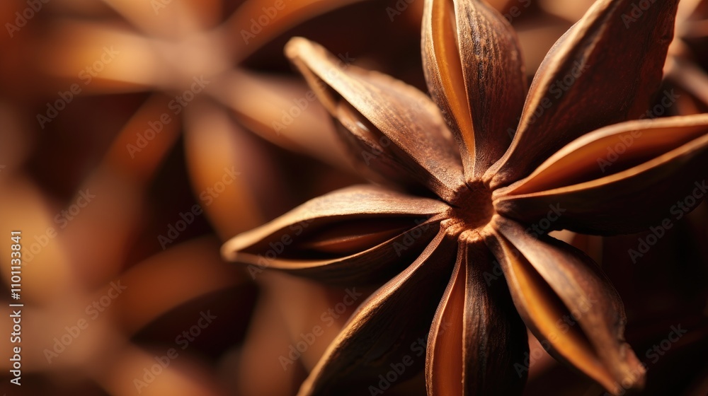 Poster macro shot of star anise highlighting intricate textures and details of this aromatic spice against 