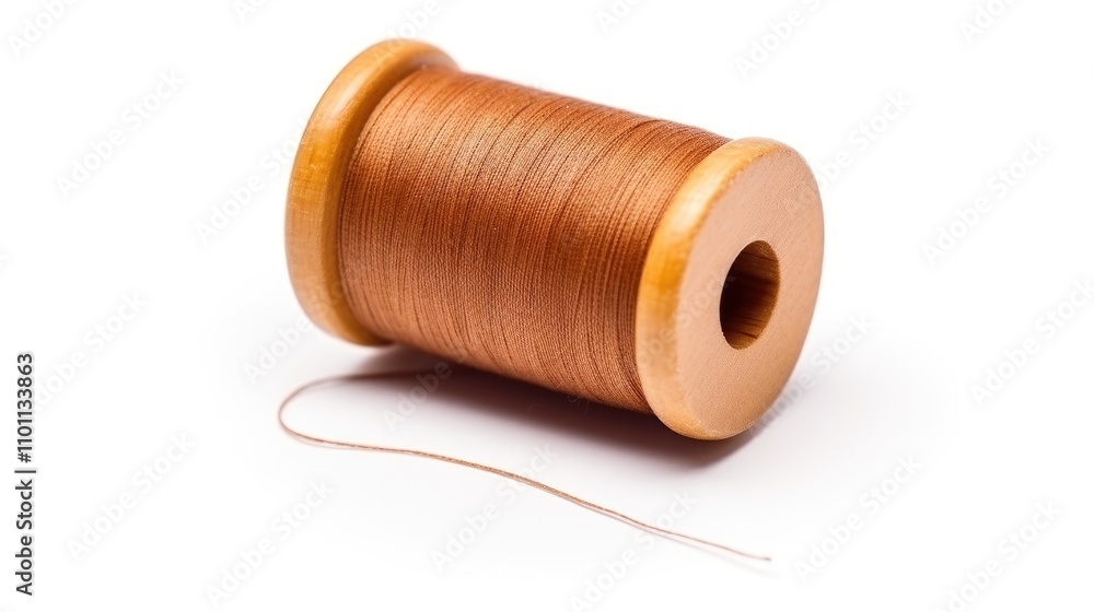 Aufkleber brown sewing thread spool with needle on white background for crafting and textile design projects