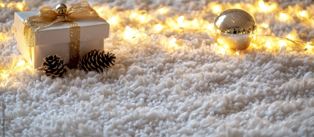 Poster christmas gift box pine cones and glossy ball arranged on soft white carpet with illuminated lights 