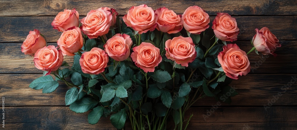 Poster bouquet of vibrant pink roses elegantly arranged on a rustic wooden surface creating a romantic and 