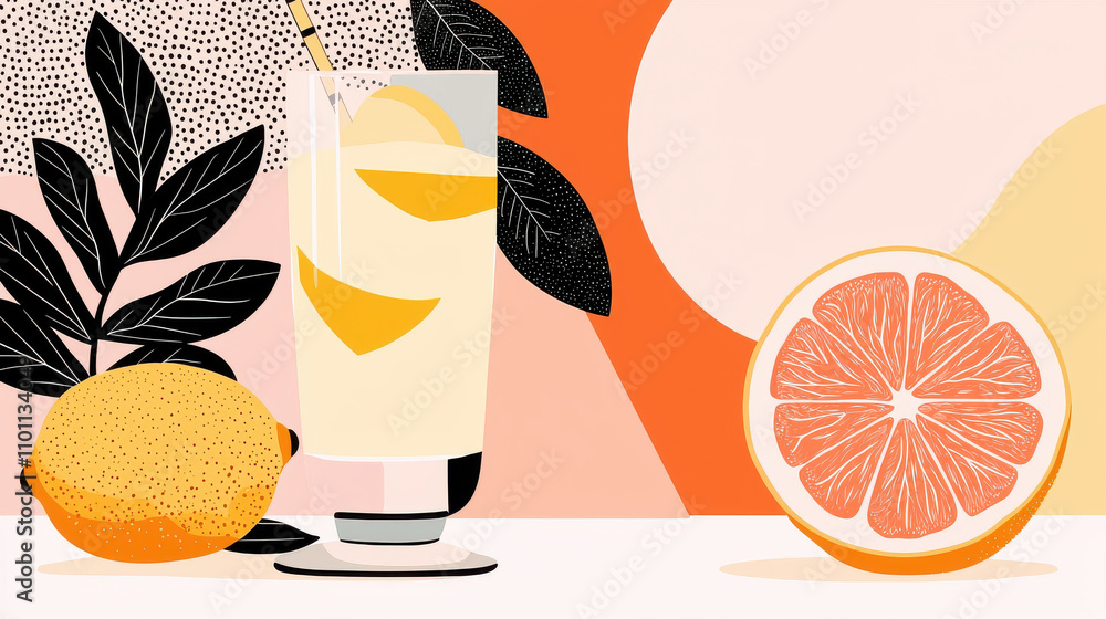 Poster refreshing lemonade with lemon slices, lemon, and grapefruit in minimalist pastel setting. vibrant c