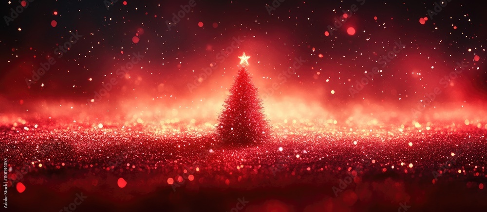 Poster Christmas tree glowing in festive red lights creating a magical holiday atmosphere with sparkling bokeh effects in the background