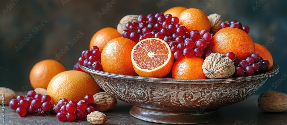 Aufkleber festive organic fruit and nuts displayed in an antique bowl on a rustic dark background with ample c