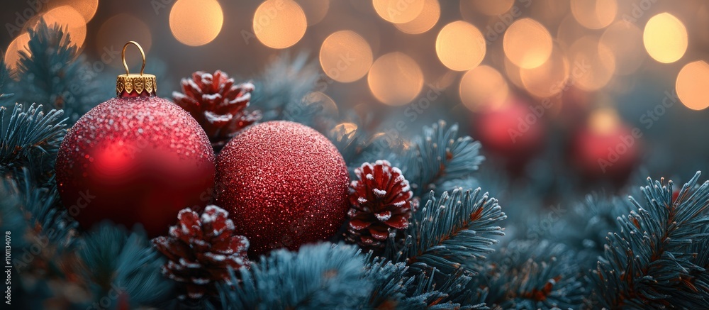 Aufkleber festive christmas and new year ornaments with red baubles and pinecones amidst a blurred bokeh backg