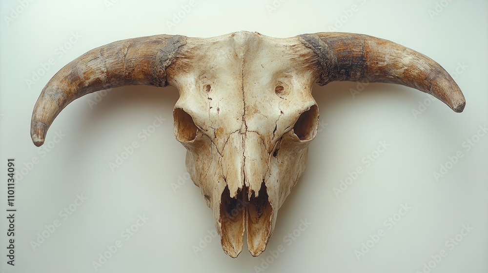 Aufkleber Close up of a bull skull showcasing intricate details and texture against a plain white background for artistic and decorative purposes