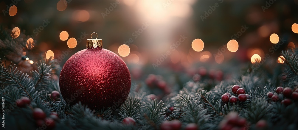 Poster red christmas ornament surrounded by greenery and festive decorations with blurred background creati