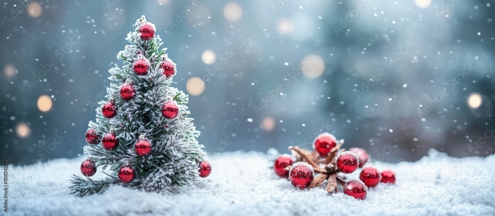 Poster festive christmas tree adorned with red ornaments in snowy winter landscape with soft bokeh backgrou