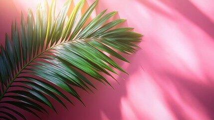 Tropical palm leaf casting shadows on vibrant pink backdrop evoking summer vibes and sunny beach holidays. Perfect for travel and leisure themes.