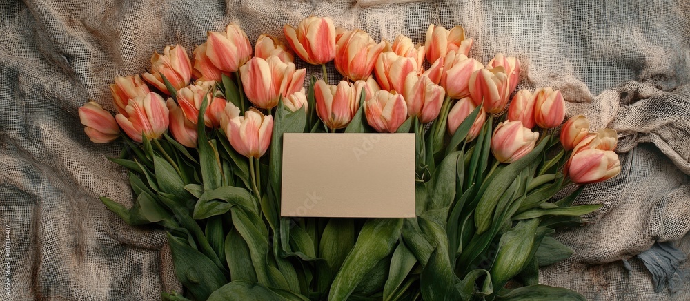 Poster colorful tulip bouquet with a blank card on textured canvas background ideal for personalized greeti