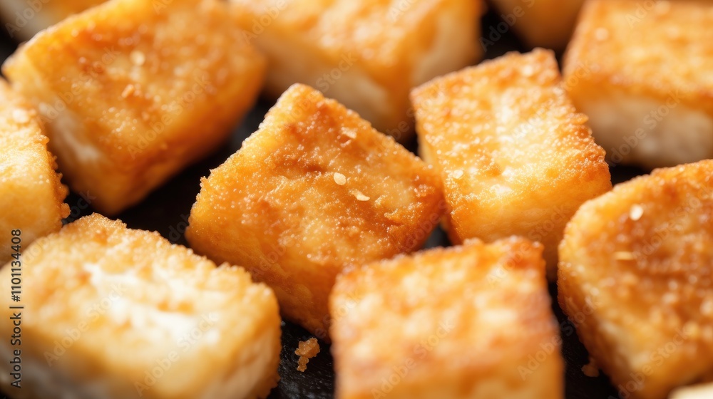 Poster close up view of crispy golden fried tofu cubes on a dark background ideal for culinary and food pre