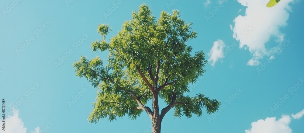 Aufkleber lush green tree against a bright blue sky with fluffy white clouds in a serene natural setting