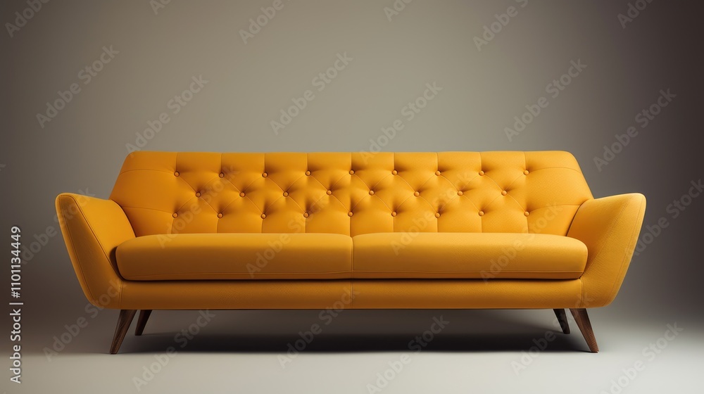 Poster stylish modern yellow sofa with button tufting and sleek wooden legs against a minimalist backdrop i