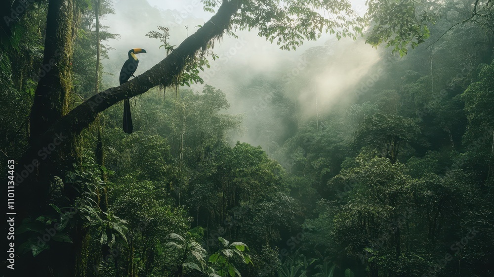Poster a serene rainforest scene featuring a bird perched on a branch, surrounded by lush greenery and soft