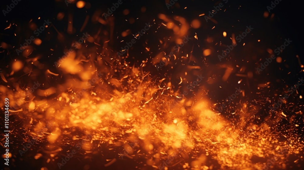 Poster dynamic fire embers and sparks scattering against a dark background creating a mesmerizing and abstr
