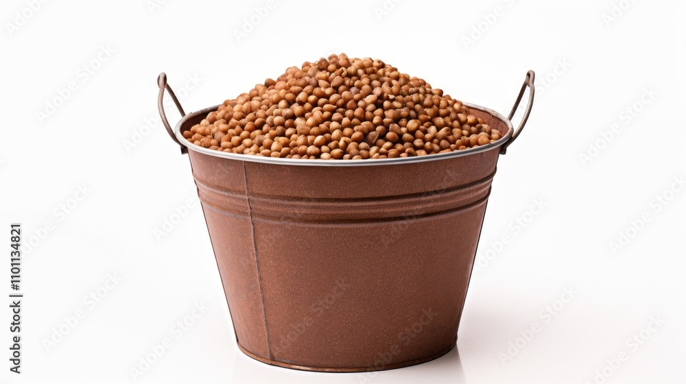 Aufkleber buckwheat groats piled in a rustic bucket showcasing the natural grains against a clean white backdr