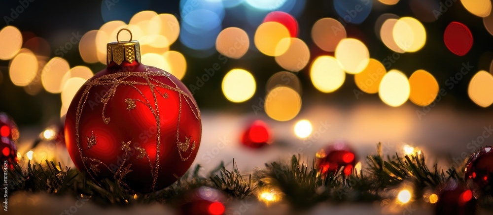 Poster red christmas ornament with golden patterns surrounded by a warm bokeh background of festive lights 