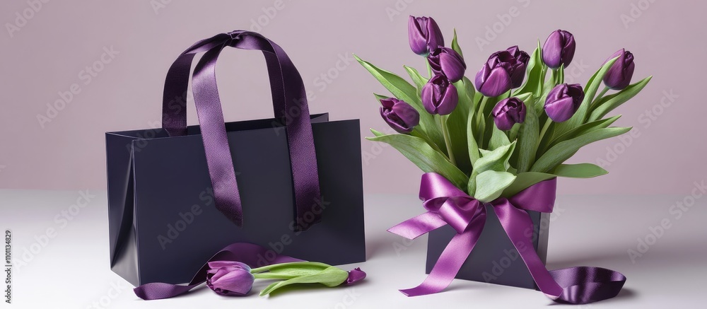 Poster Elegant bouquet of violet tulips in a stylish bag and box with satin ribbon perfect for greeting card advertising with ample copy space