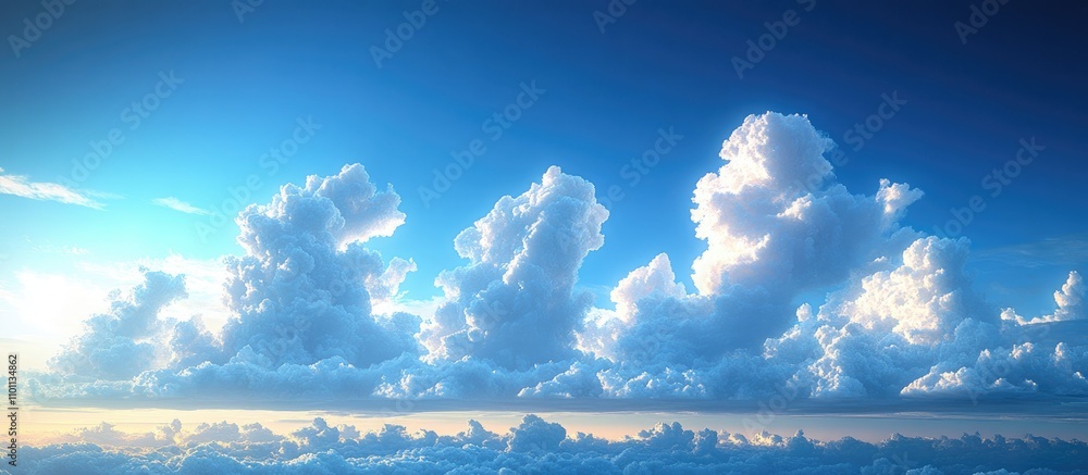 Poster serene summer sky with fluffy clouds and vibrant blue hues creating a tranquil atmosphere perfect fo
