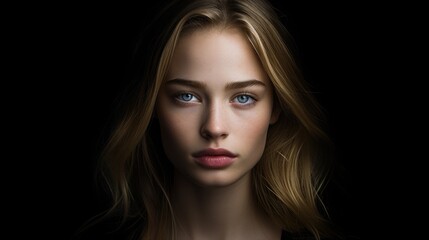 Fototapeta premium Elegant portrait of a young woman with radiant features and striking blue eyes against a dark background showcasing natural beauty and intensity.