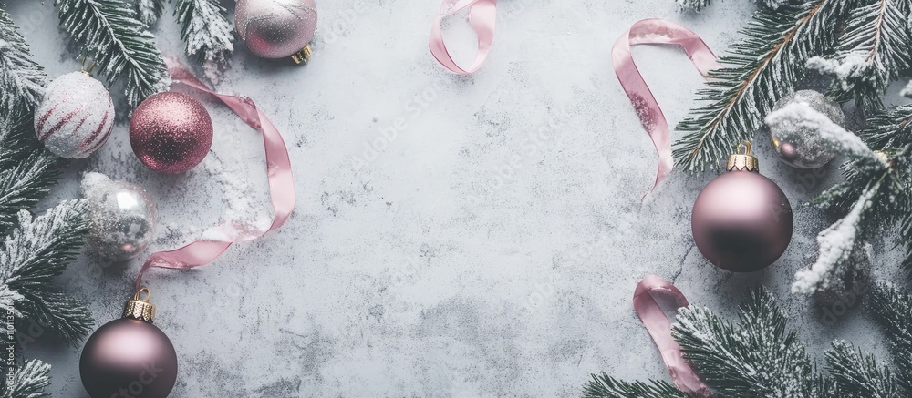 Poster christmas decorative frame with tree branches ornaments and pink ribbon on concrete background ideal