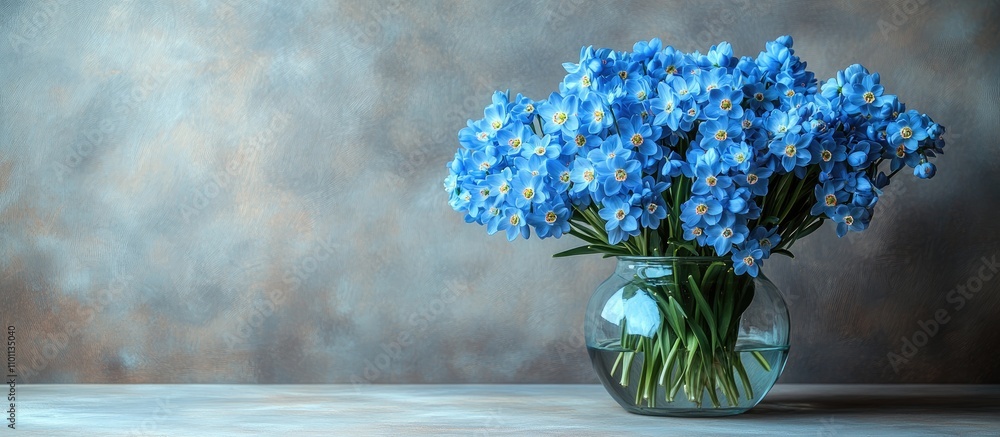Poster blue snowdrops arranged in a glass vase on a table with a soft gray background creating an inviting 