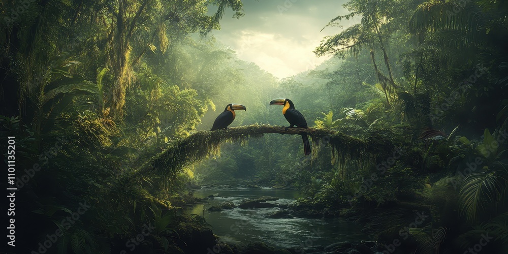 Poster two toucans perched on a moss-covered branch, surrounded by lush greenery and a serene river in a tr