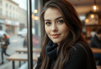 Obraz premium Beautiful Woman Portrait Coffee Shop City View Winter Fashion