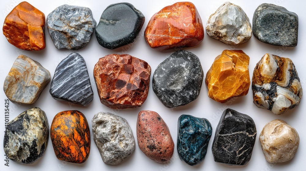 Poster close up of various colorful stones arranged artistically on a white background highlighting their u