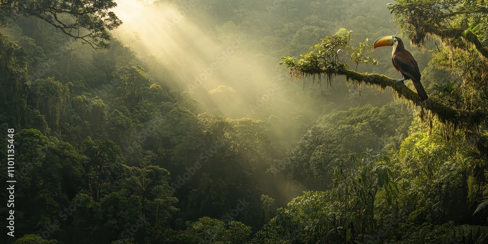 Poster a vibrant rainforest scene featuring a majestic bird perched on a tree, illuminated by soft sunlight
