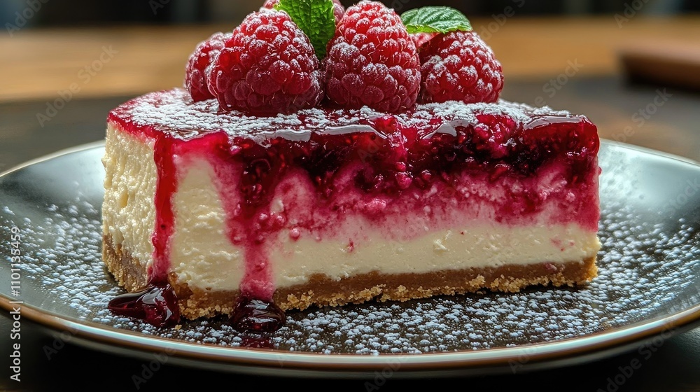Poster raspberry cheesecake slice garnished with fresh raspberries on a dark plate with powdered sugar and 