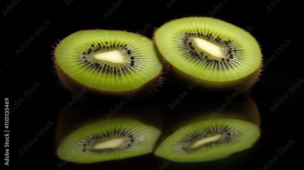 Poster kiwi fruit halves displayed on a reflective surface with a black background showcasing their vibrant