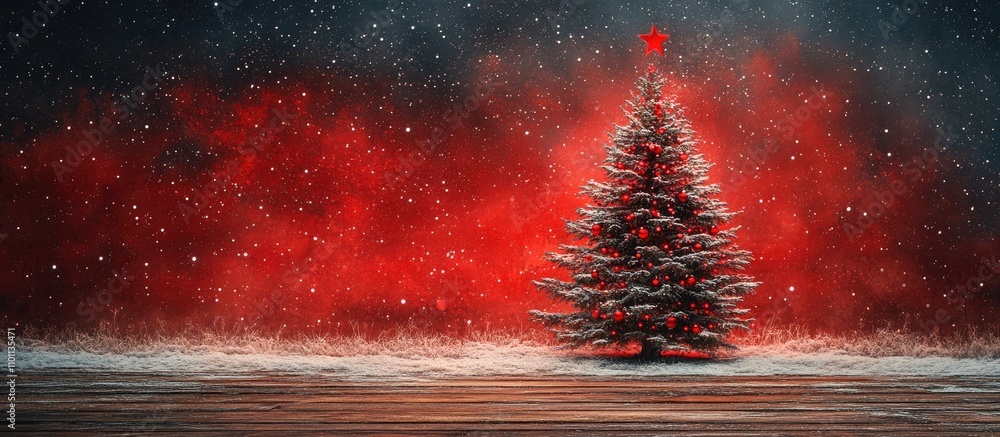 Aufkleber wooden and red christmas tree with star ornament set against a starry red background creating a fest