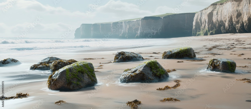 Aufkleber serene beach scene with algae-covered rocks and gentle waves lapping at the sandy shore against a ba