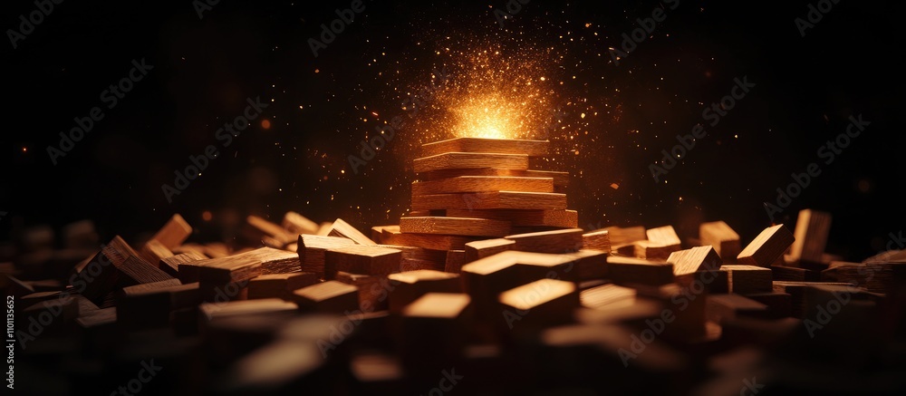 Poster Customer Relationship Management Concept Visualized with Wooden Blocks and Sparkling Light Representing Data Analysis and Creative Design