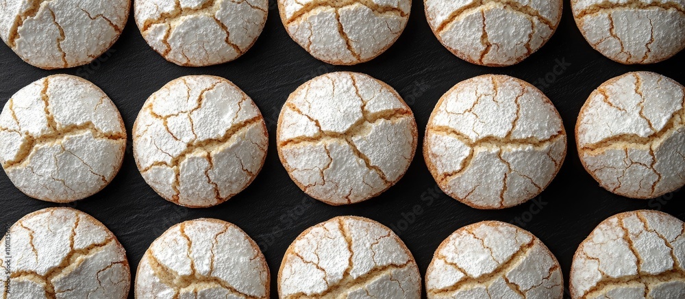 Poster Cinnamon crinkle cookies beautifully arranged on a dark background showcasing their texture and charm in a flat lay presentation.