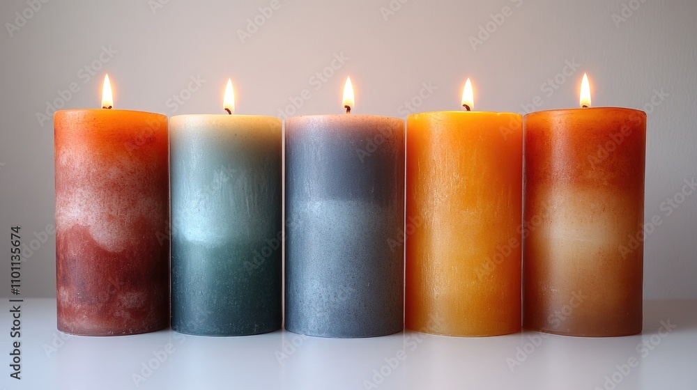 Poster colorful lit candles in varying heights arranged on a white surface creating a serene and warm ambia