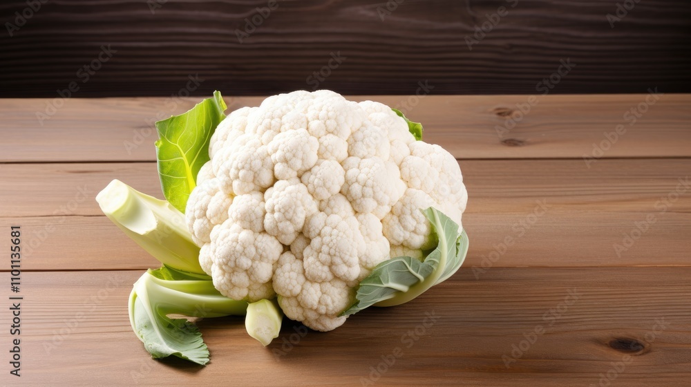 Poster fresh cauliflower on rustic wooden surface with green leaves showcasing natural texture and ample co